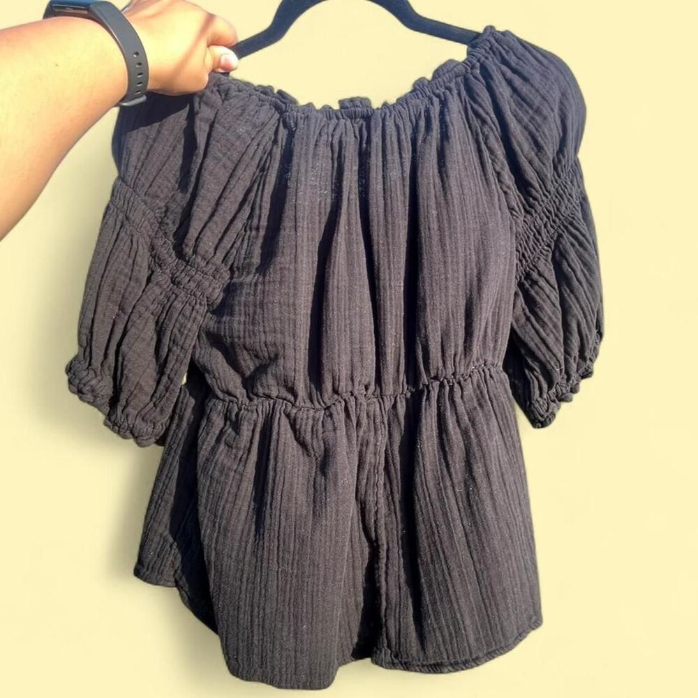 OLD NAVY SIZE SMALL Black 100% Cotton Double Gauze Puff Sleeve Babydoll Blouse - Picture 3 of 7